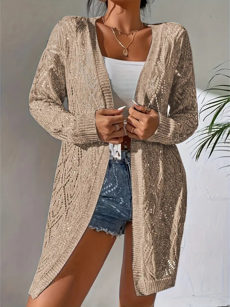 Levoire | Cardigan En Pointelle Tricoté Décontracté À Devant Ouvert – Design Long Kameleur