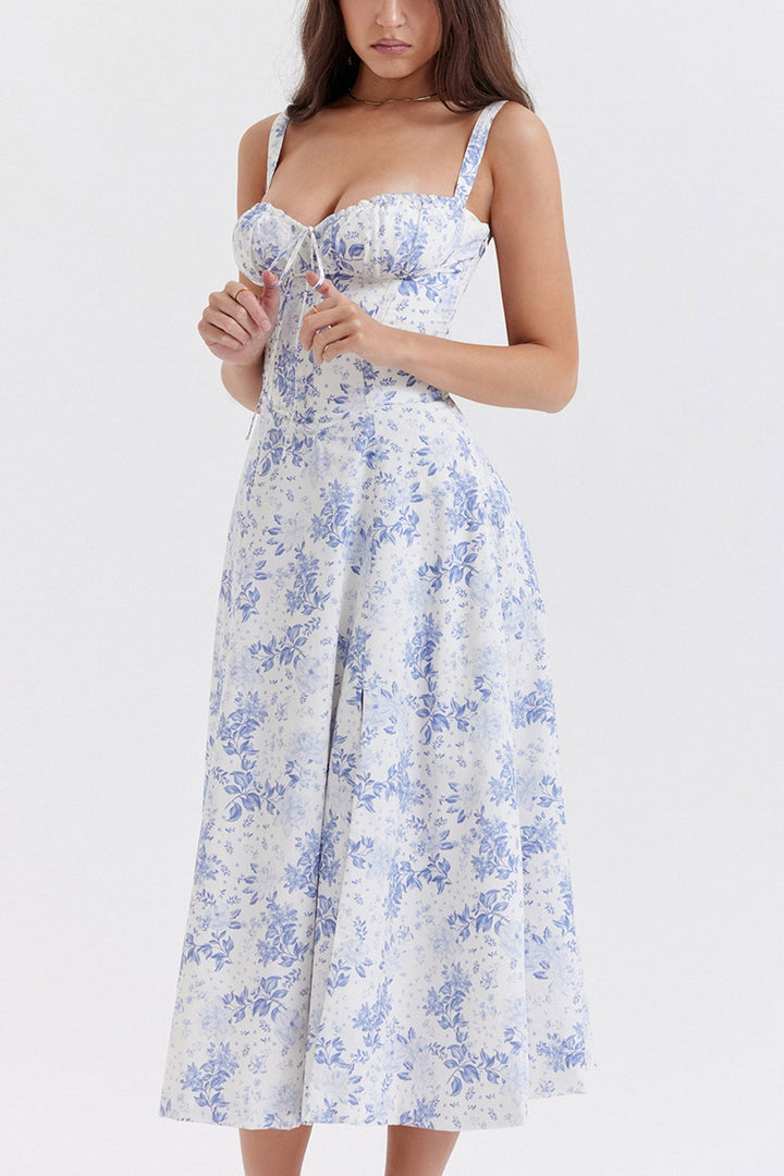 Levoire | Robe élégante manches longues Blanc Bleu Fleur