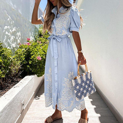 Levoire | Robe Maxi Brodée Avec Fermeture À Boutons Pour Femmes Bleu ciel