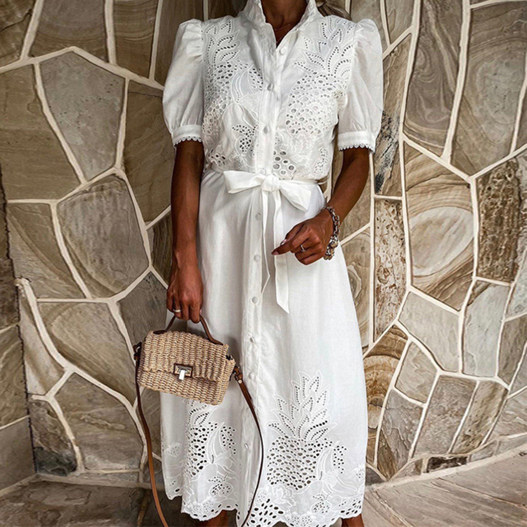 Levoire | Robe Maxi Brodée Avec Fermeture À Boutons Pour Femmes Blanc