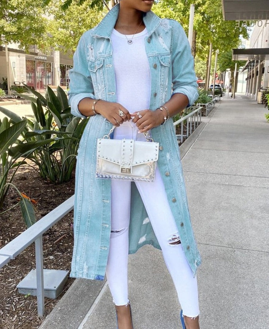 Levoire | Veste En Jean Déchirée Grande Taille Veste En Jean Pour Femmes Turquoise