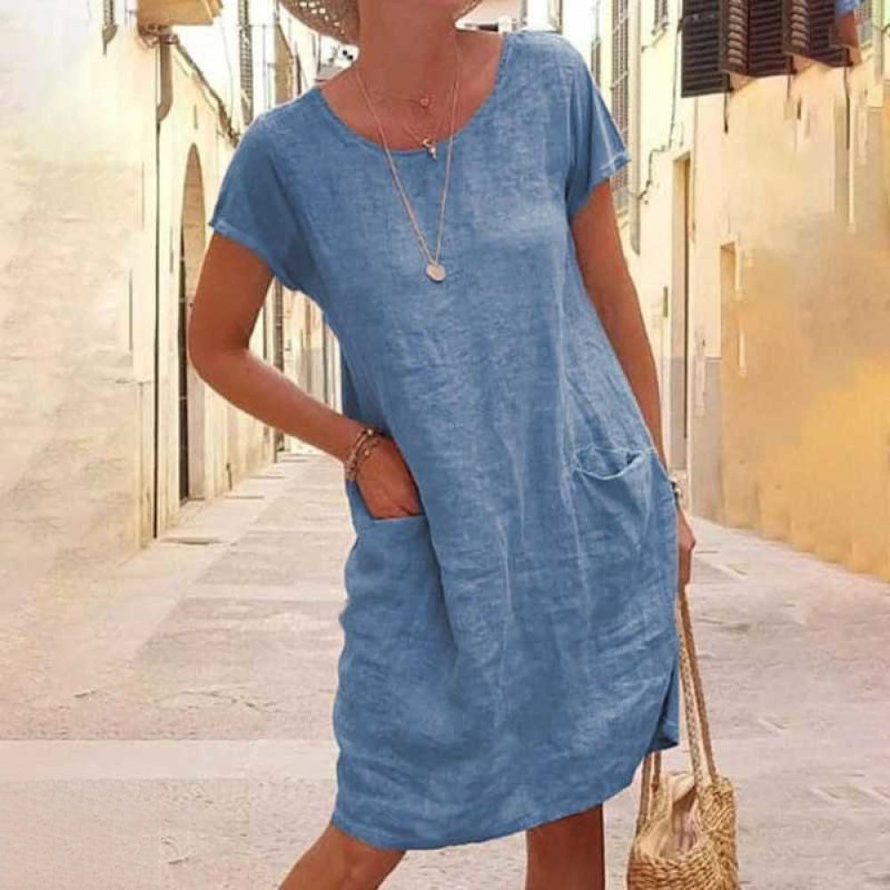 Levoire | Édith Robe En Lin Décontractée À Manches Courtes Pour Femmes Bleu