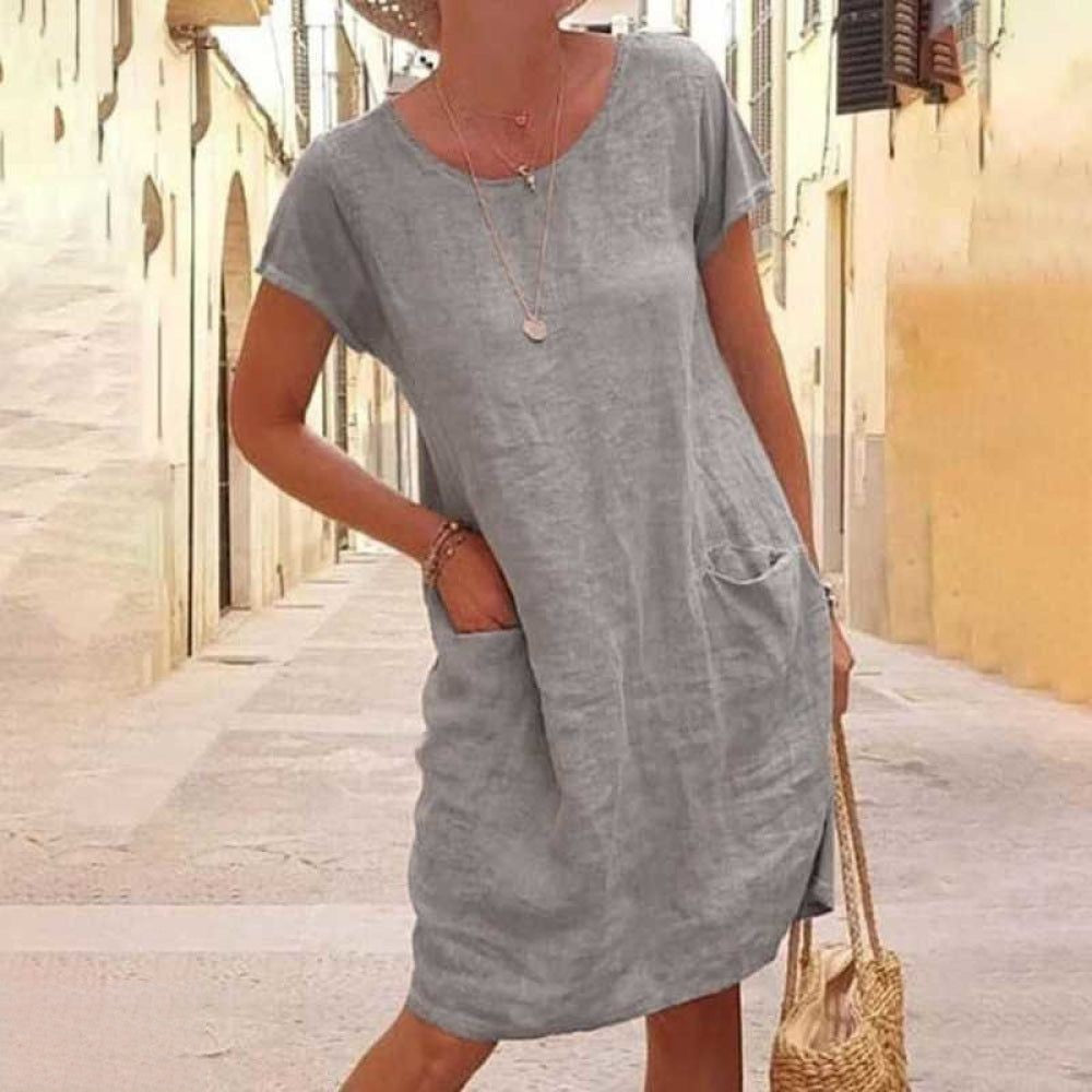 Levoire | Édith Robe En Lin Décontractée À Manches Courtes Pour Femmes Gris
