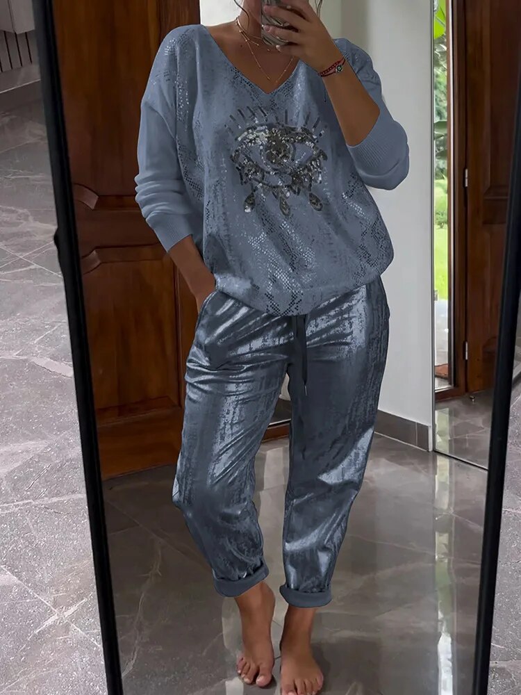 Levoire | Haut Brillant Et Pantalon Pour Femmes Bleu foncé