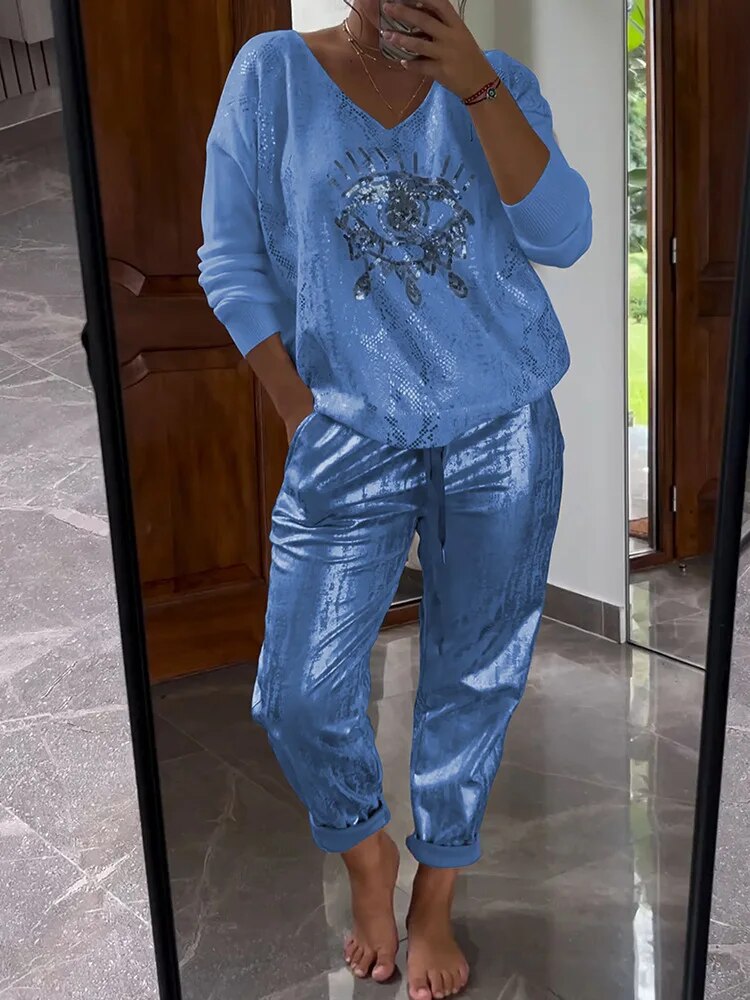 Levoire | Haut Brillant Et Pantalon Pour Femmes Bleu