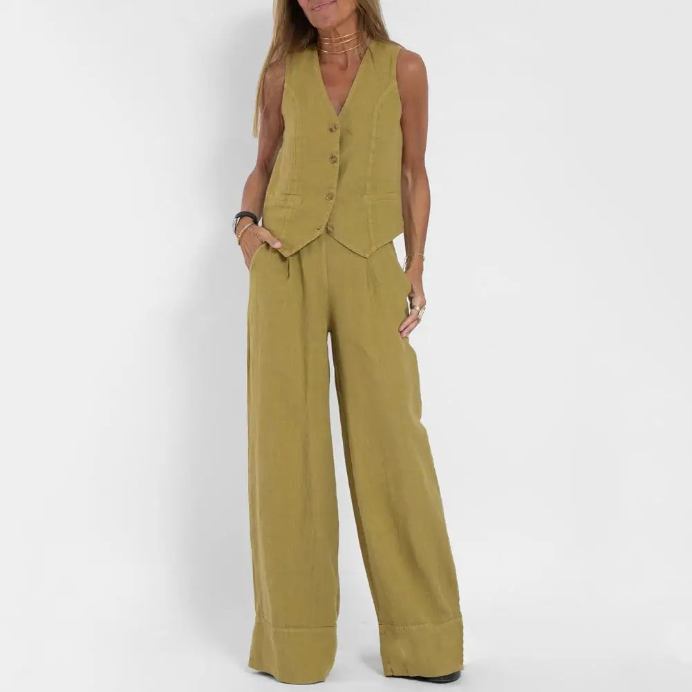 Levoire | Gilet Sans Manches En Lin Et Pantalon Large Pour Femmes Jaune