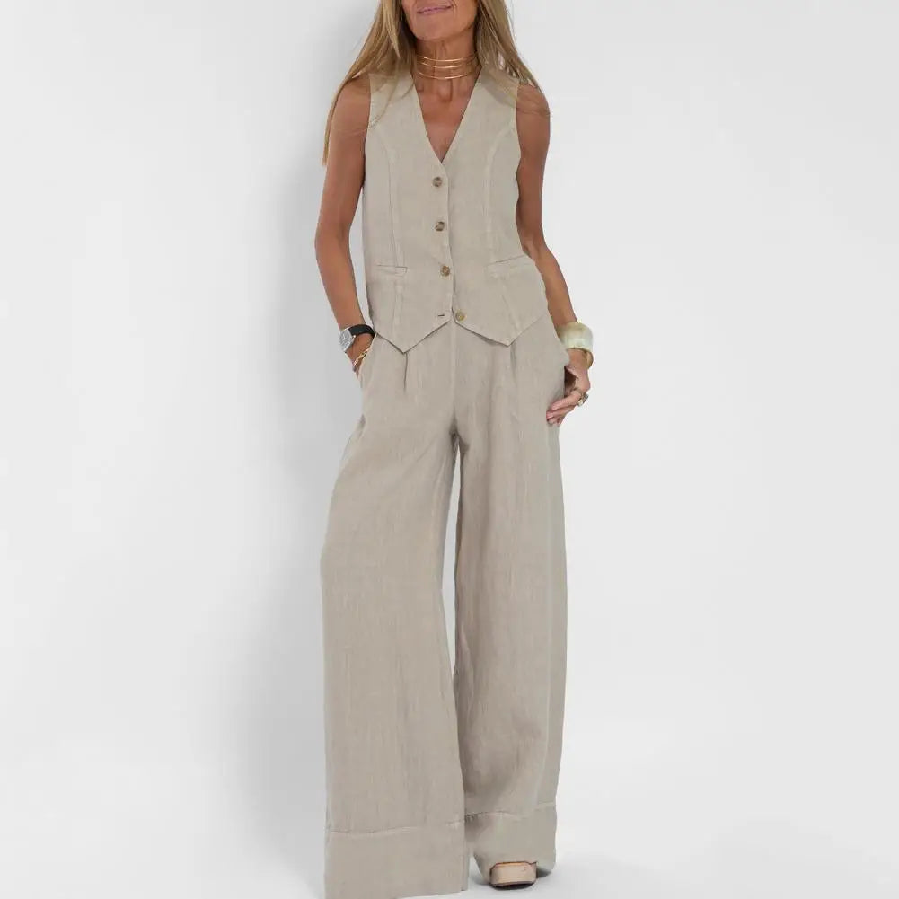 Levoire | Gilet Sans Manches En Lin Et Pantalon Large Pour Femmes abricot