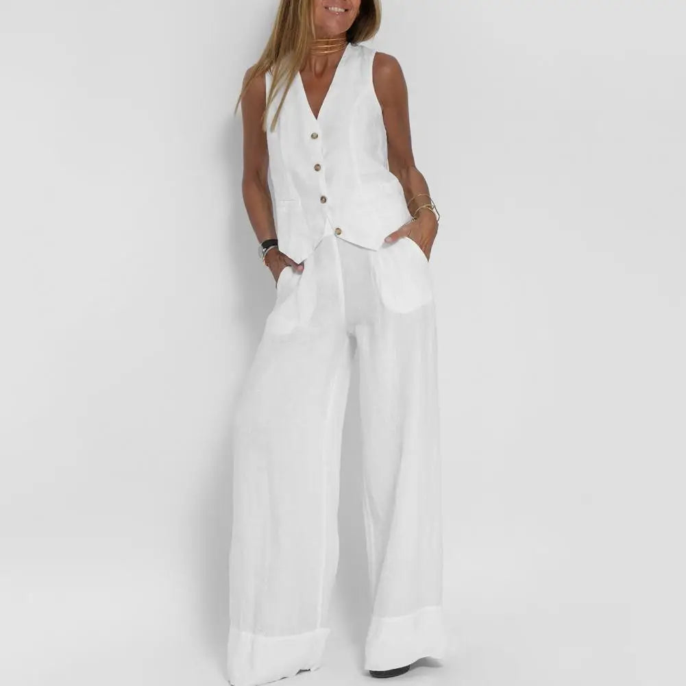 Levoire | Gilet Sans Manches En Lin Et Pantalon Large Pour Femmes Blanc