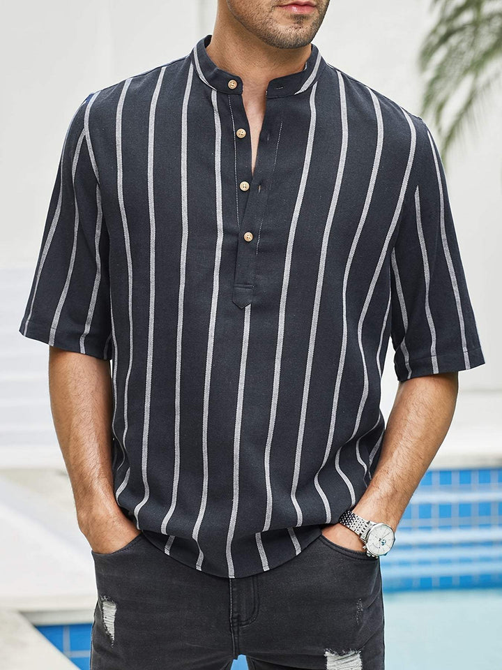 Levoire | Chemise De Loisirs Pour Hommes À Rayures Verticales Et Col Bande Bleu