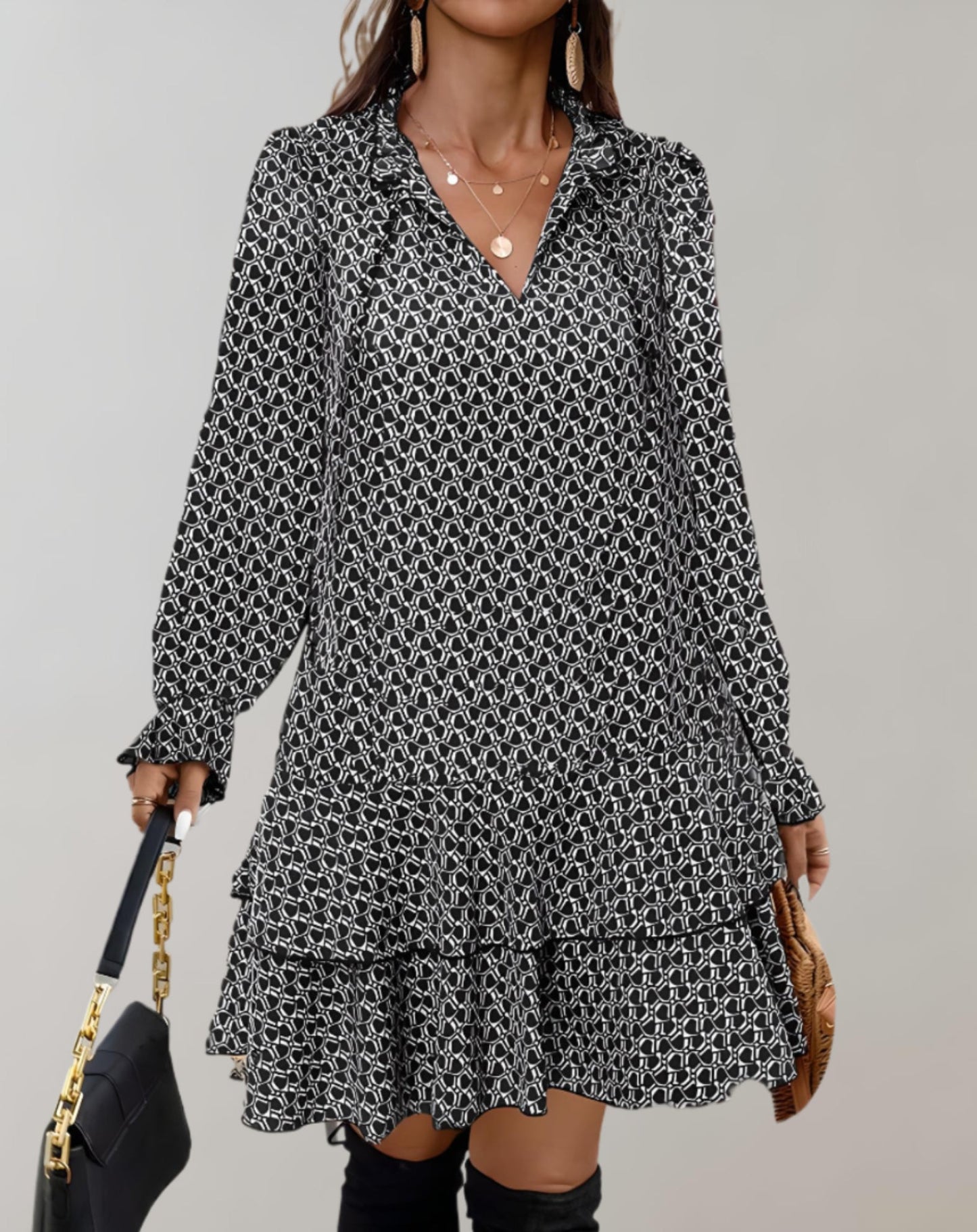 Levoire | Robe Midi Légère À Col En V Tenue D'Été Décontractée Noir