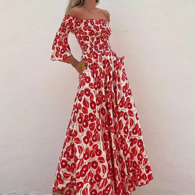 Levoire | Robe Maxi Fluide À Épaules Nues Avec Imprimé Rouge Audacieux Pour Femmes XL