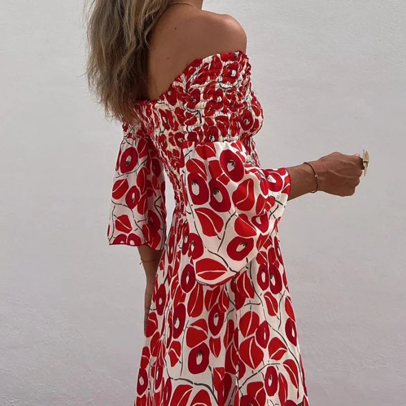 Levoire | Robe Maxi Fluide À Épaules Nues Avec Imprimé Rouge Audacieux Pour Femmes