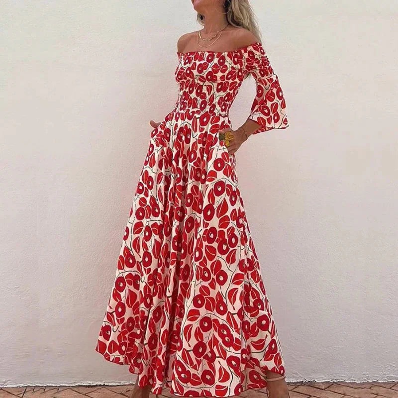 Levoire | Robe Maxi Fluide À Épaules Nues Avec Imprimé Rouge Audacieux Pour Femmes