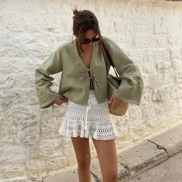 Levoire | Coton Bretelles Avant Blouse Top Avec Manches Longues Vert foncé