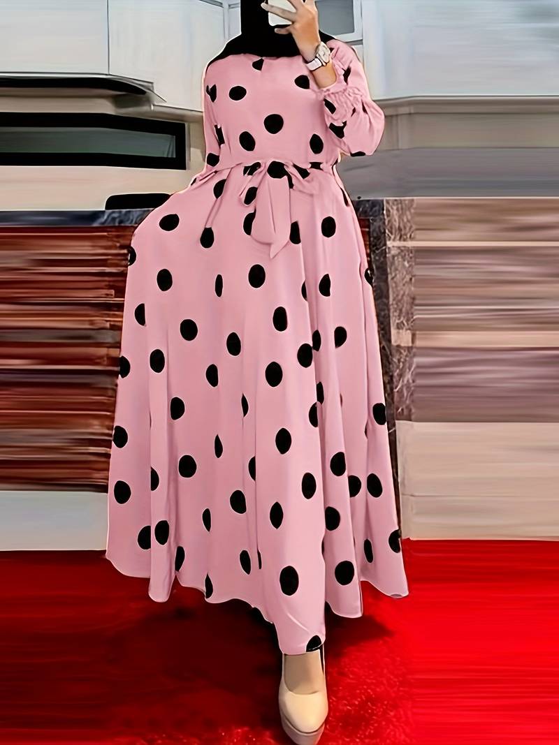 Levoire | Robe À Manches Longues À Pois Avec Col Rond Couleur rose