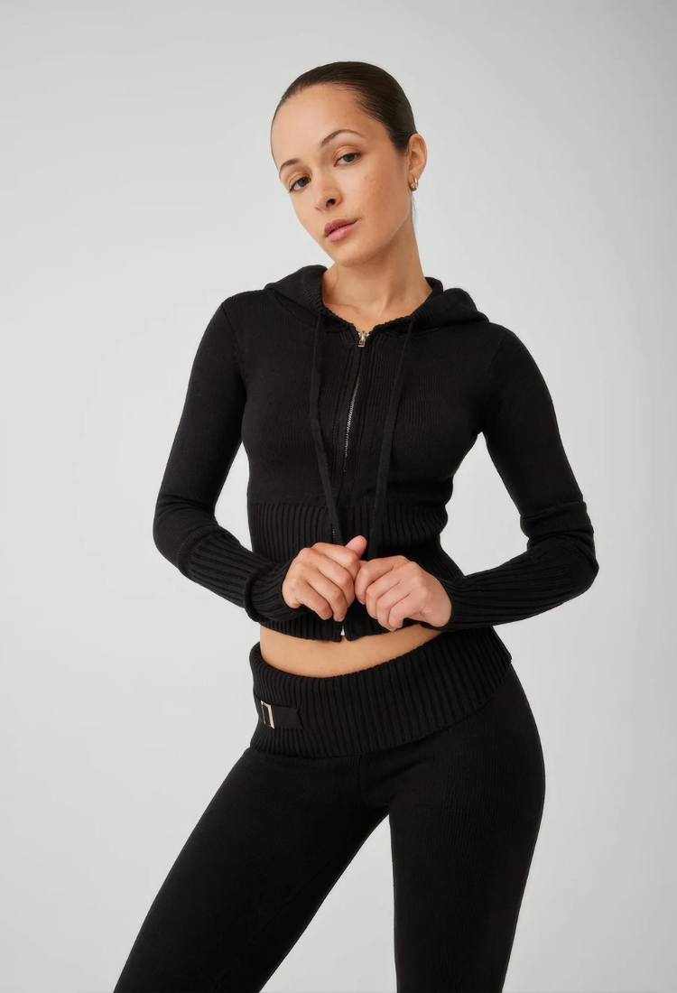 Levoire | Ensemble À Zip Avec Capuche En Tricot Deux Pièces Vêtements De Détente Femme Noir