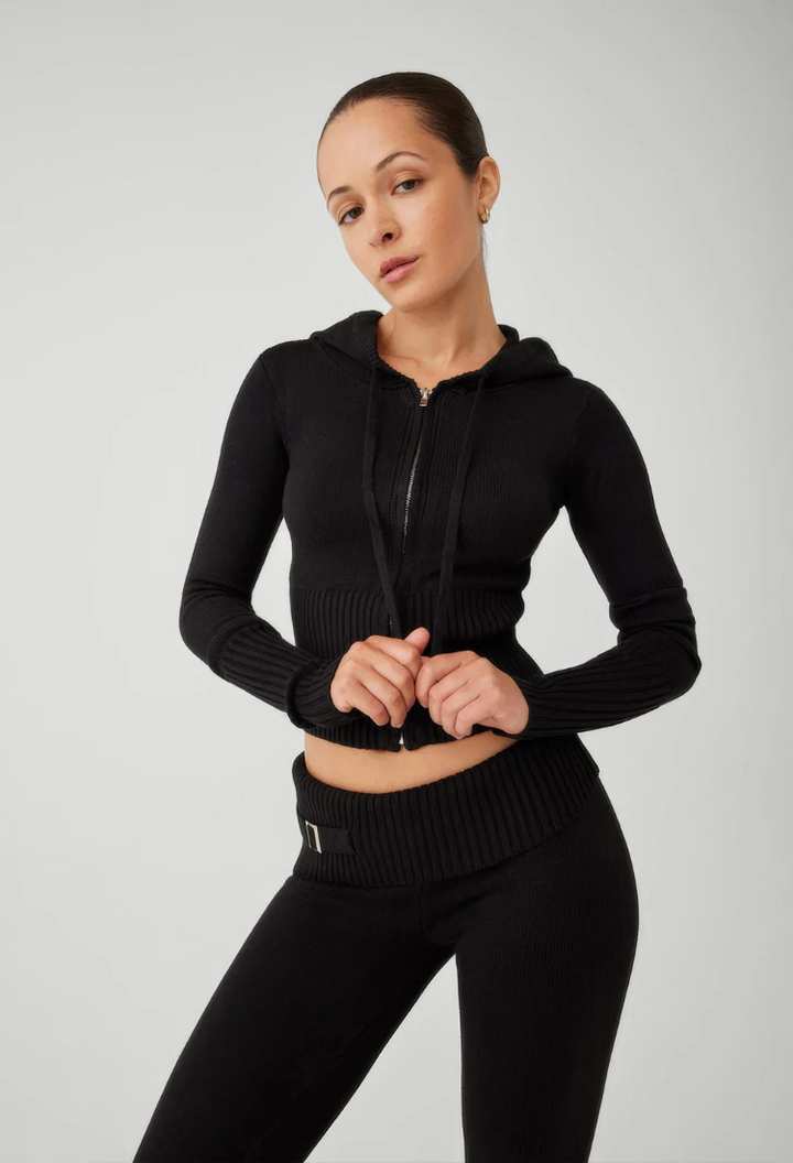 Levoire | Ensemble À Zip Avec Capuche En Tricot Deux Pièces Vêtements De Détente Femme Noir