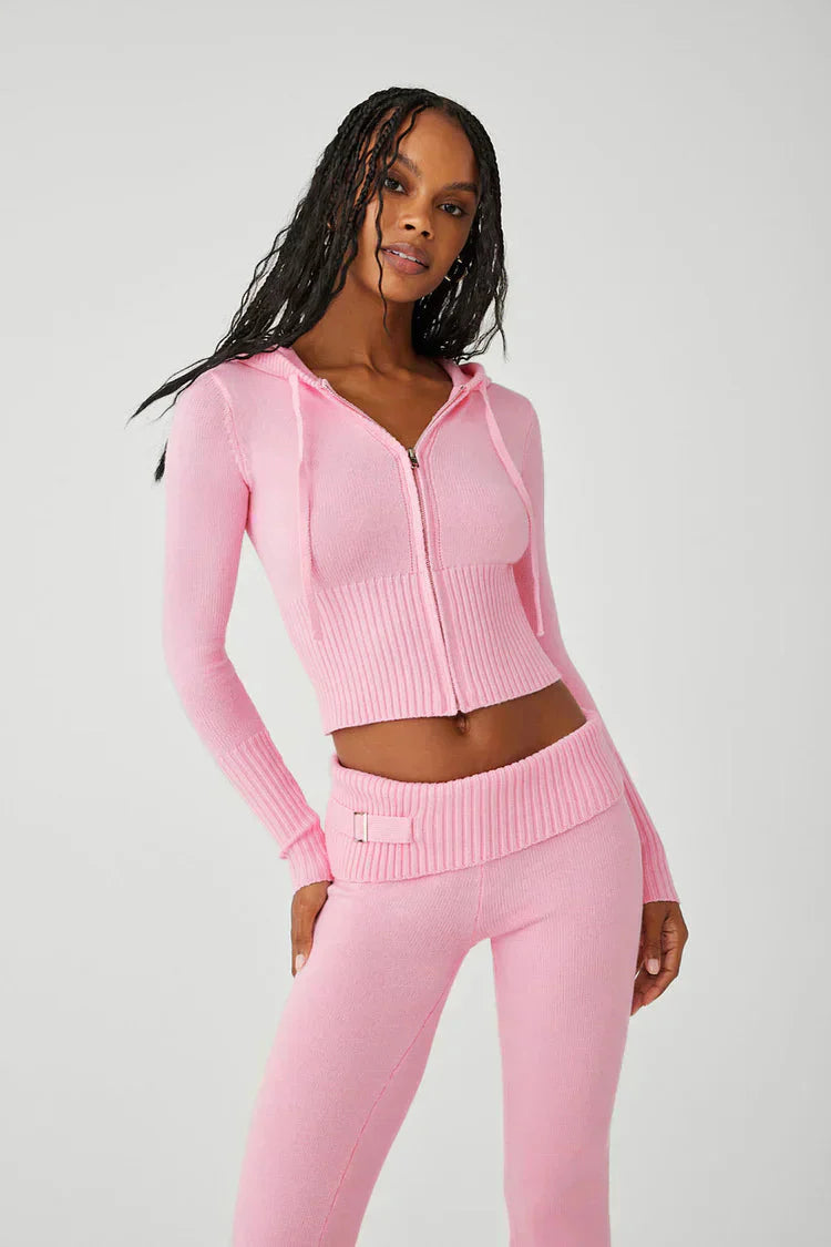 Levoire | Ensemble À Zip Avec Capuche En Tricot Deux Pièces Vêtements De Détente Femme Rosa
