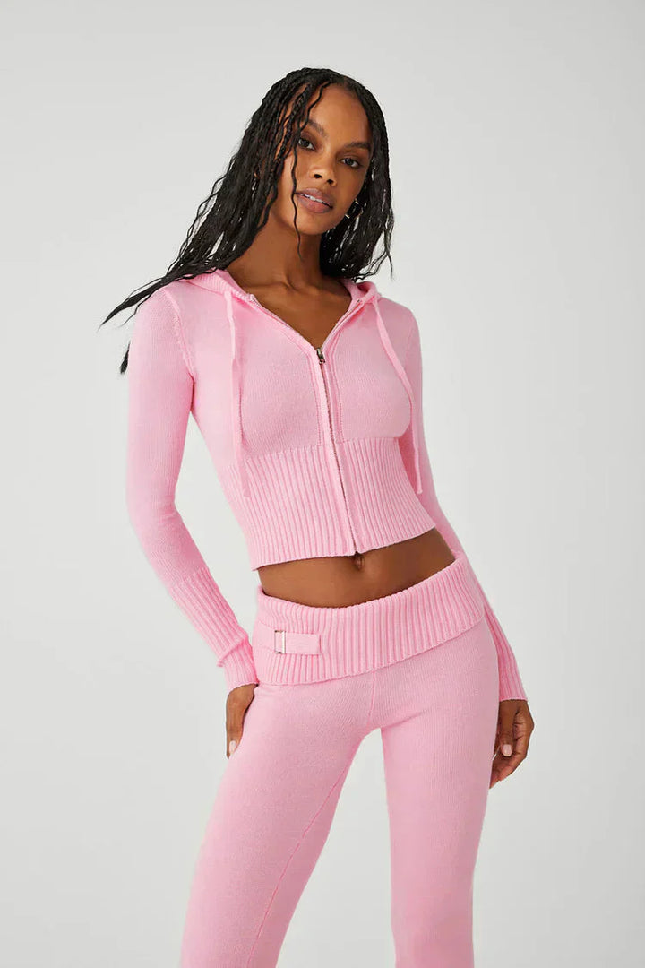 Levoire | Ensemble À Zip Avec Capuche En Tricot Deux Pièces Vêtements De Détente Femme Rosa