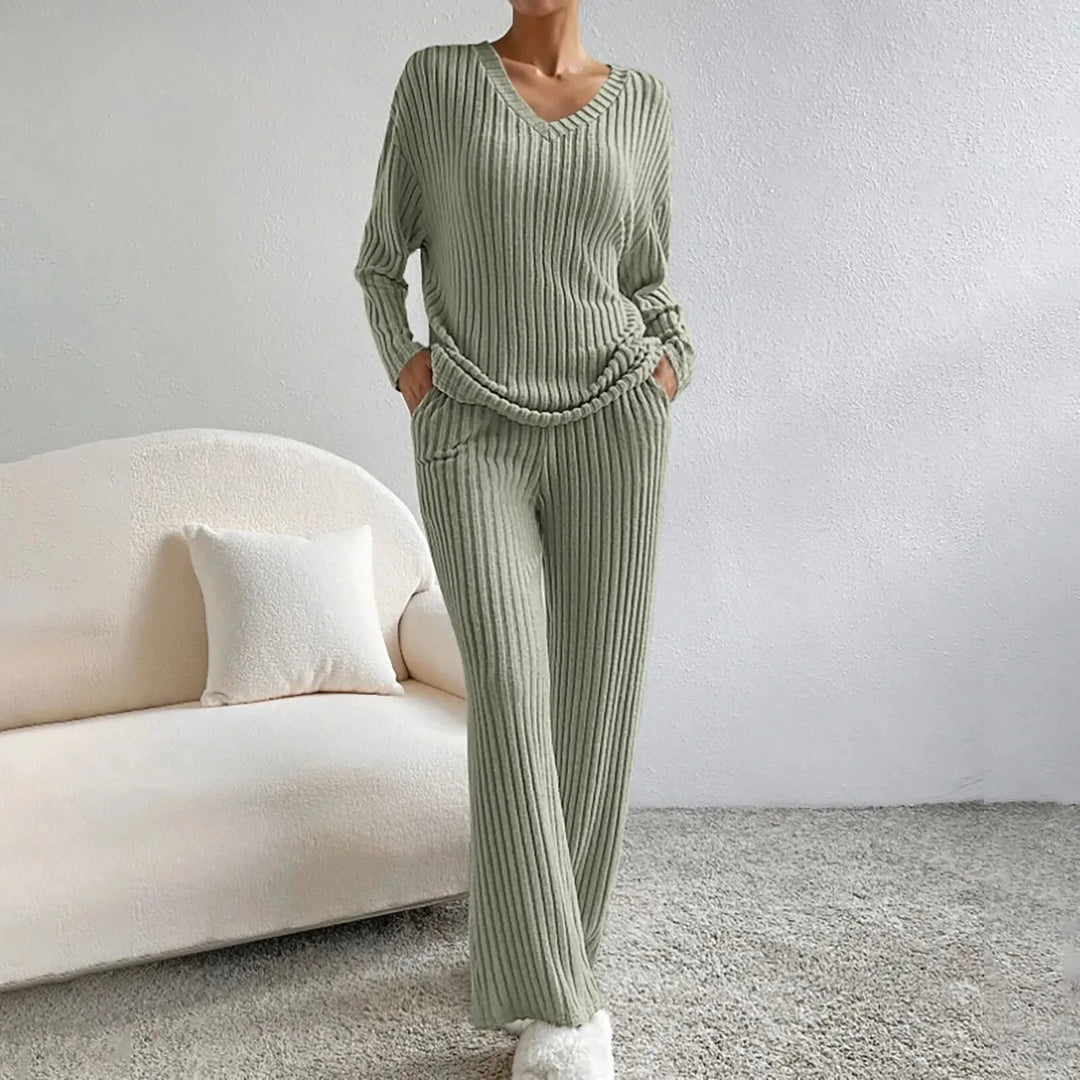 Levoire | Set Confortable Côtelé Tricot Deux Pièces Ensemble Femme Loungewear Vert olive