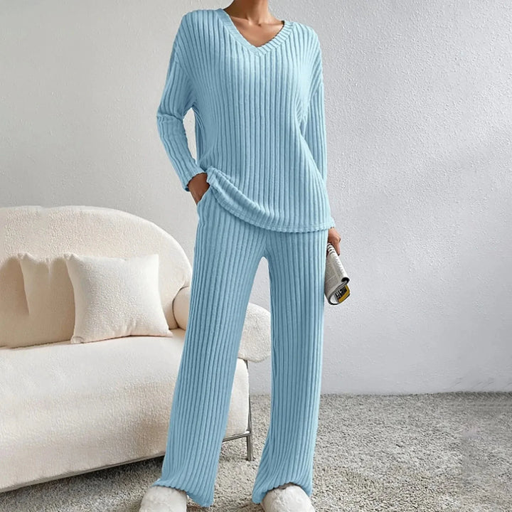 Levoire | Set Confortable Côtelé Tricot Deux Pièces Ensemble Femme Loungewear Bleu bébé