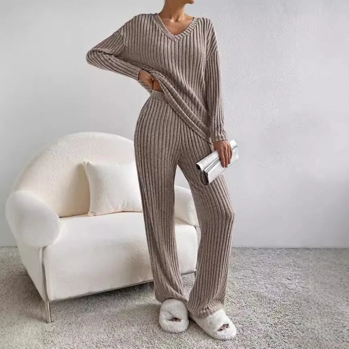 Levoire | Set Confortable Côtelé Tricot Deux Pièces Ensemble Femme Loungewear Braun