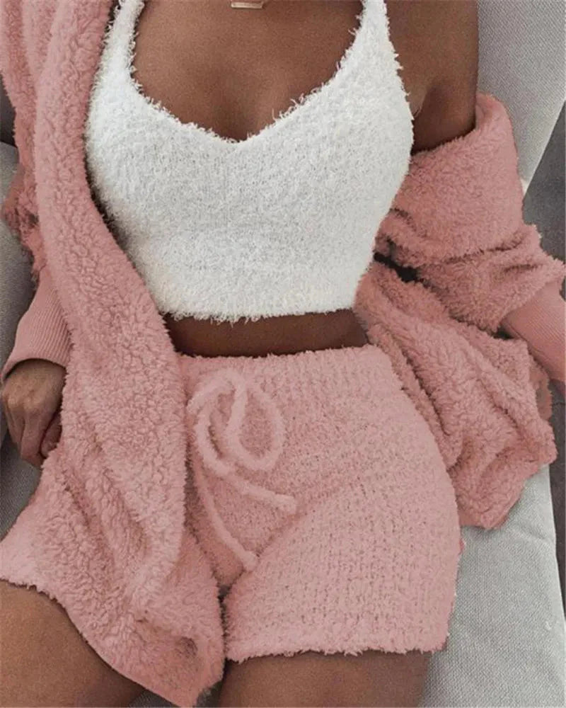Levoire | Femmes Ensemble De Pyjama En Fleece 3 Pièces Pantalons De Lounge Rosa (Il ne reste plus que 5 en stock !)