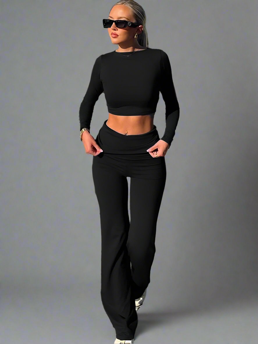 Levoire | Femmes Avec Manches Longues Et Pantalon Évasé En Coton Ensemble Noir