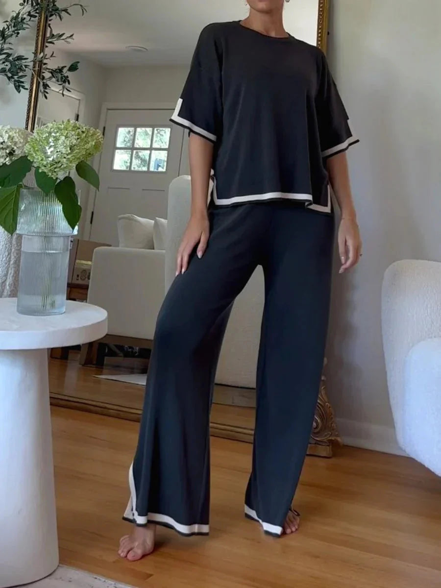 Levoire | Ensemble Deux Pièces Pour Femmes Avec Manches Courtes Et Pantalon Large Noir