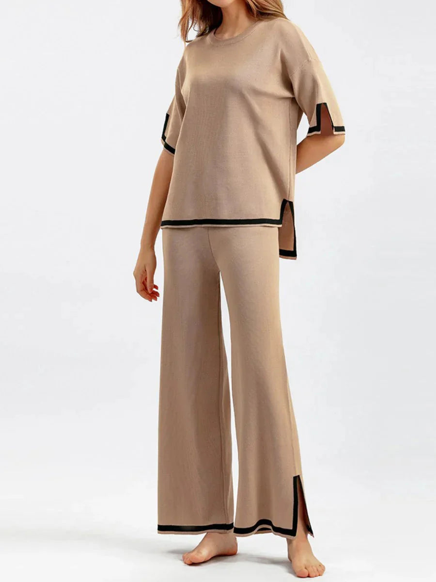 Levoire | Ensemble Deux Pièces Pour Femmes Avec Manches Courtes Et Pantalon Large Taupe