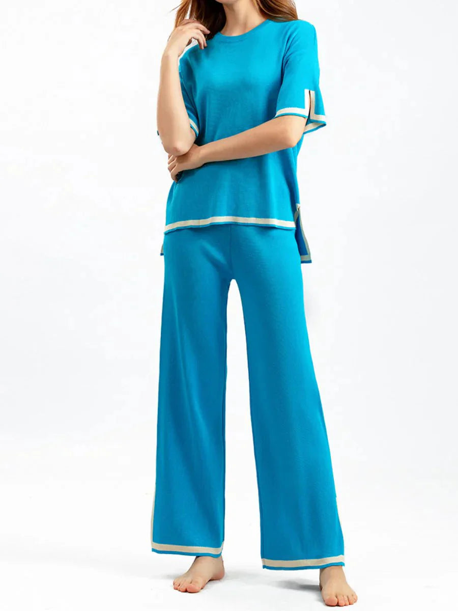 Levoire | Ensemble Deux Pièces Pour Femmes Avec Manches Courtes Et Pantalon Large Bleu