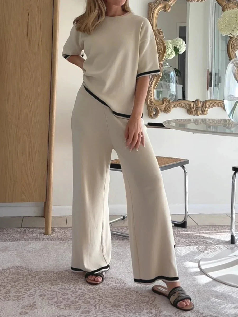 Levoire | Ensemble Deux Pièces Pour Femmes Avec Manches Courtes Et Pantalon Large Crème