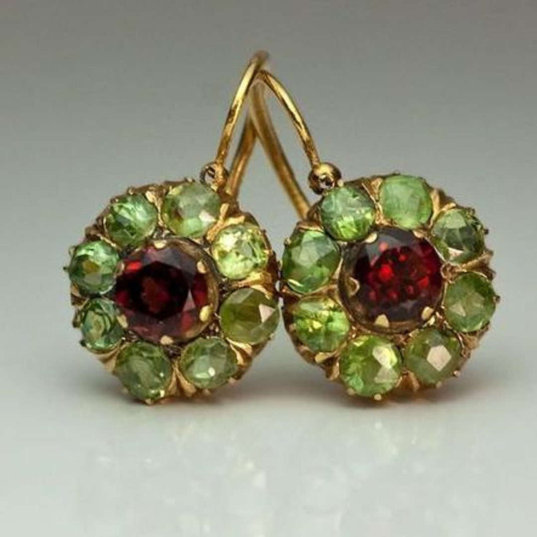 Levoire | Boucles D'Oreilles Vintage Rondes Vertes Et Rouges En Cristal Doré