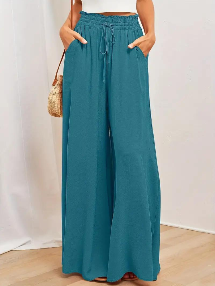 Levoire | Pantalon En Lin Femmes Décontracté Taille Haute Pantalon Pour L'Été Bleu de mer