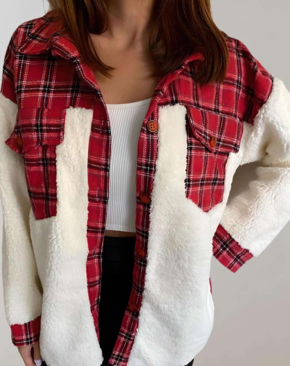 Levoire | Veste En Polaire À Manches Longues À Carreaux Avec Boutons Et Poches Rot