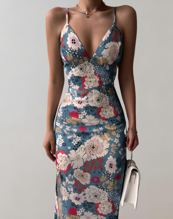 Levoire | Robe Imprimée À Fleurs Décolleté En V Pour Femmes Jenny Bleu