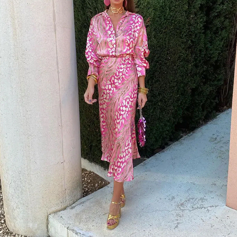 Levoire | Robe Midi Imprimée Satinée À Manches Longues Pour Femmes