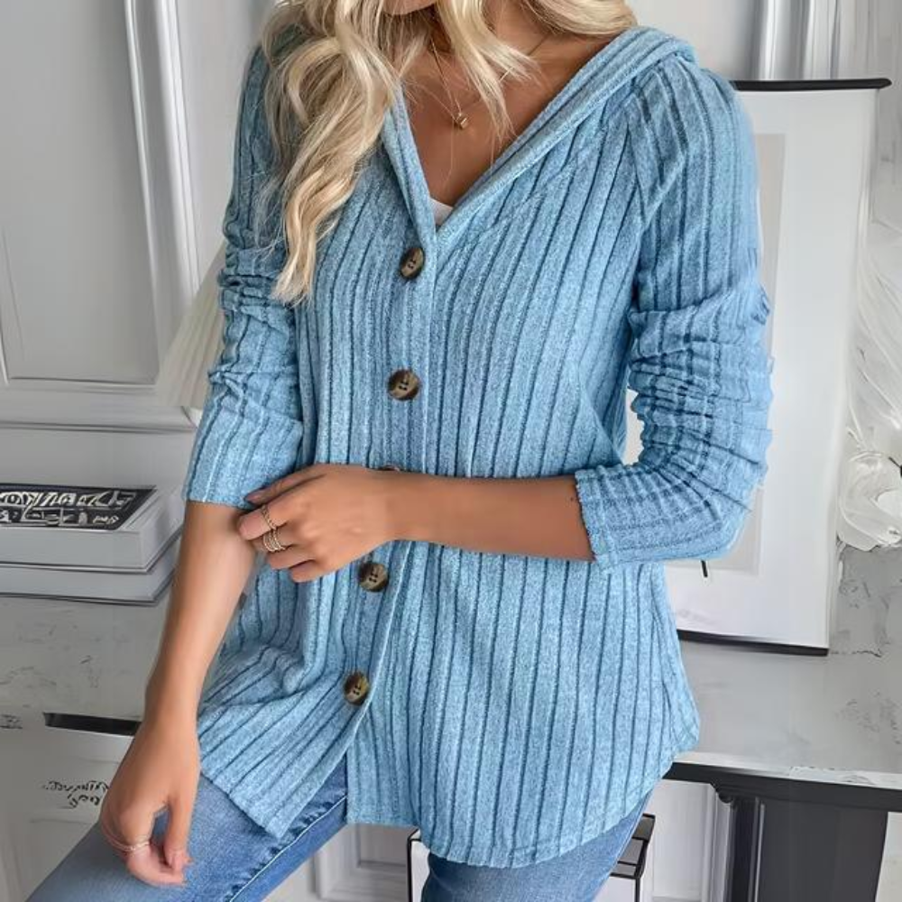 Levoire | Long Knitted Hooded Jacket With Warm Sleeves And Buttons Bleu clair
