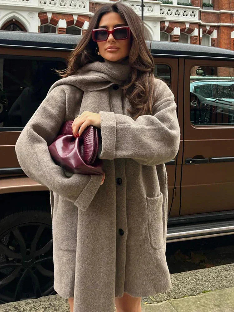 Levoire | Écharpe Veste Femme Avec Grande Taille Modèle Simple Boutonnage Et Longueur Genou Taupe
