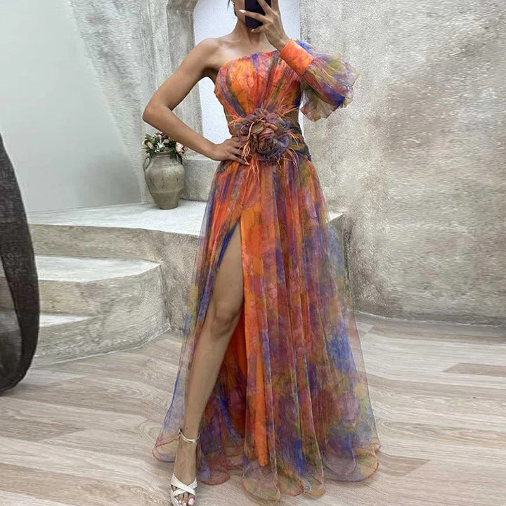 Levoire | Robe De Soirée Sans Épaules Pour Femmes Avec Imprimé Orange