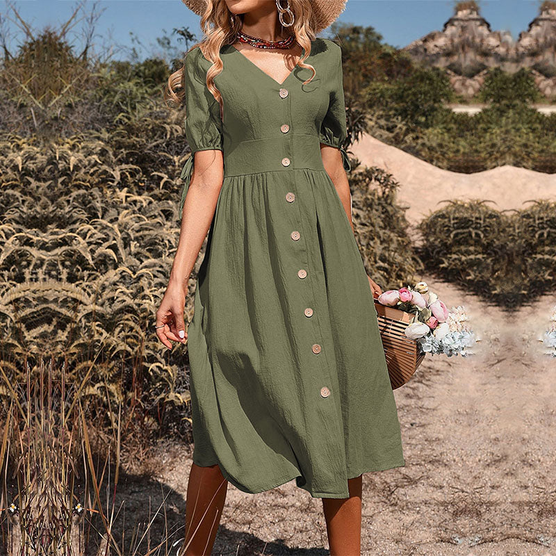 Levoire | Robe Bouton Élégante À Manches Courtes Vert