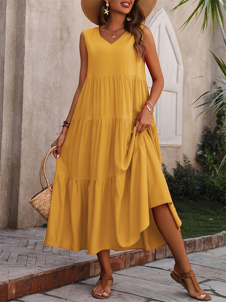 Levoire | Robe Maxi Décontractée D'Été Avec Décolleté En V Et Volants Jaune