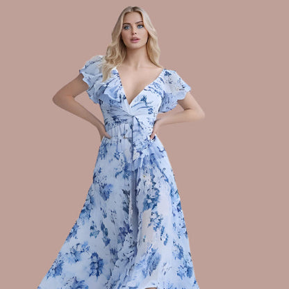 Levoire | Robe Maxi Élégante Avec Motif Floral Bleu
