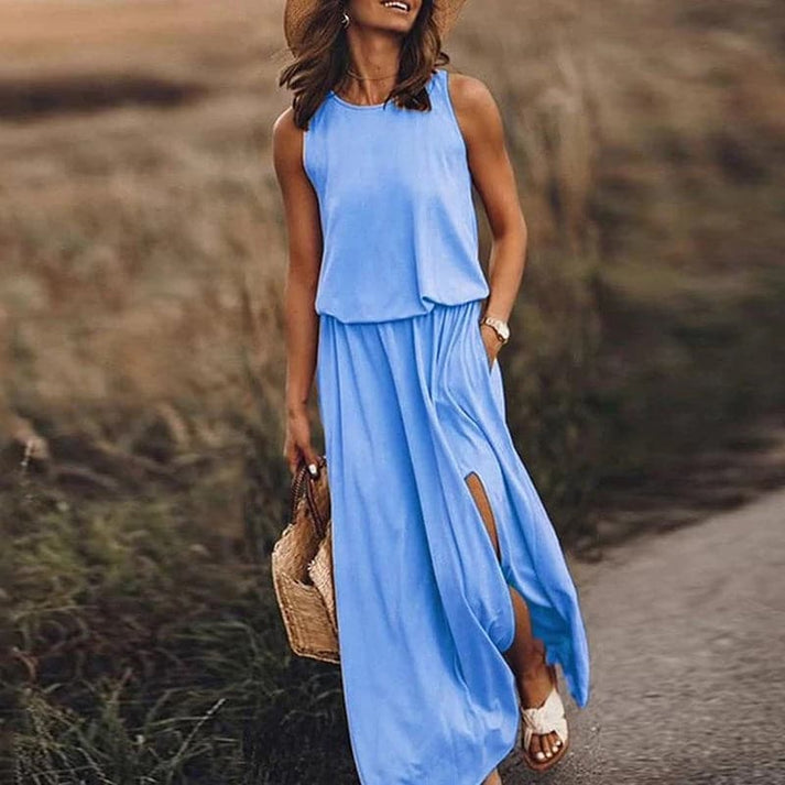 Levoire | Élégante Robe Boho Longue Avec Taille Élastique Bleu