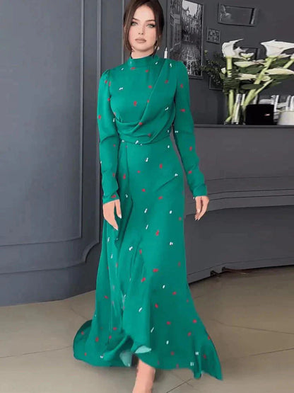 Levoire | Robe À Col Montant Élégant Avec Manches Longues Robe Longue Vert