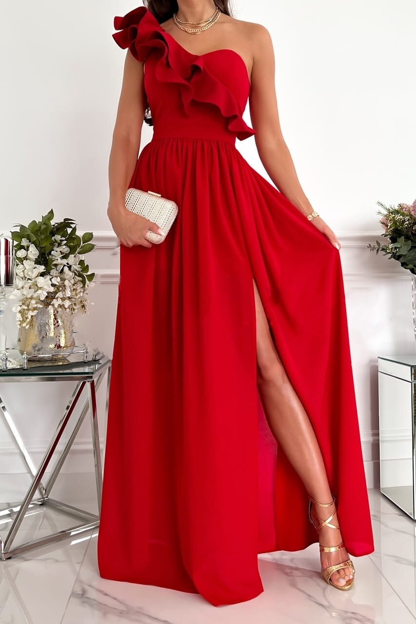 Levoire | Robe Élégante À Épaule Dénudée Avec Volants Et Fente Rot