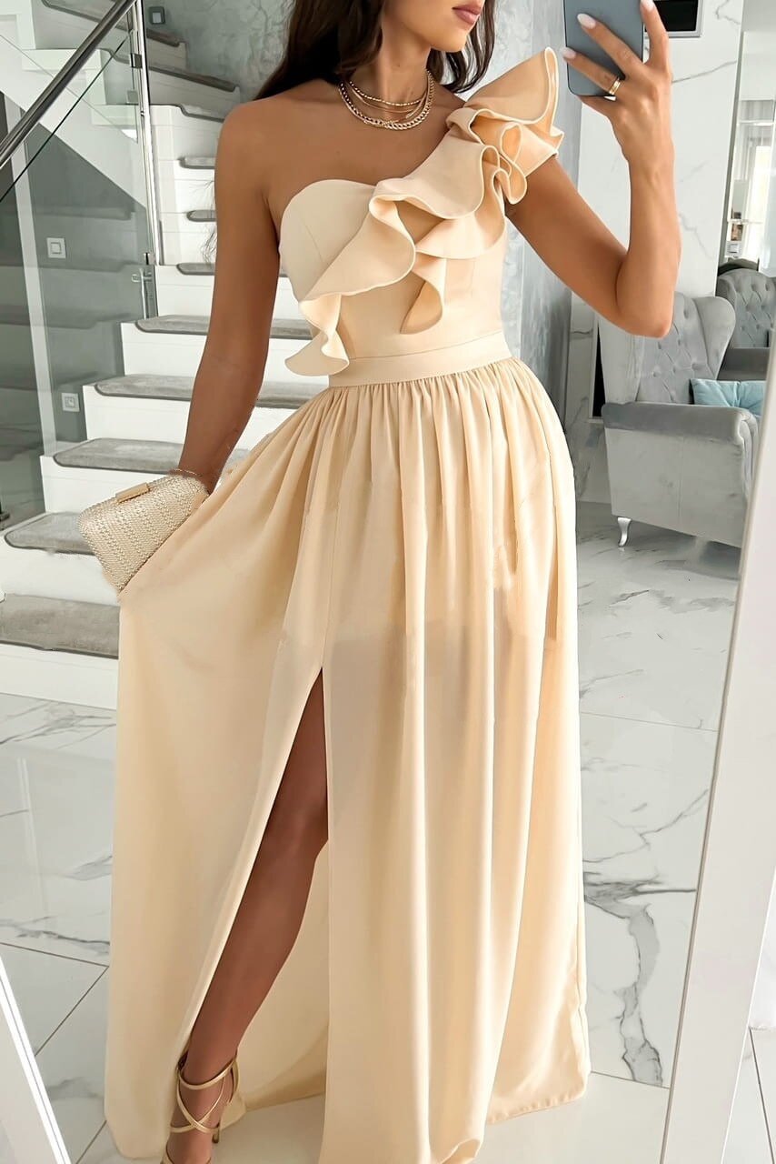 Levoire | Robe Élégante À Épaule Dénudée Avec Volants Et Fente Beige