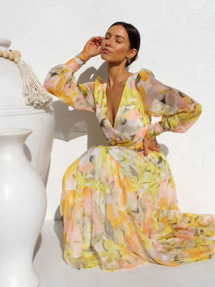 Levoire | Robe Manches Longues Col V Robe Fluide Robe À Fleurs