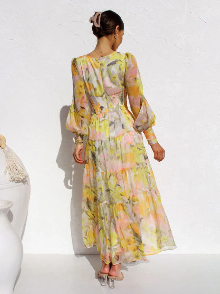Levoire | Robe Manches Longues Col V Robe Fluide Robe À Fleurs