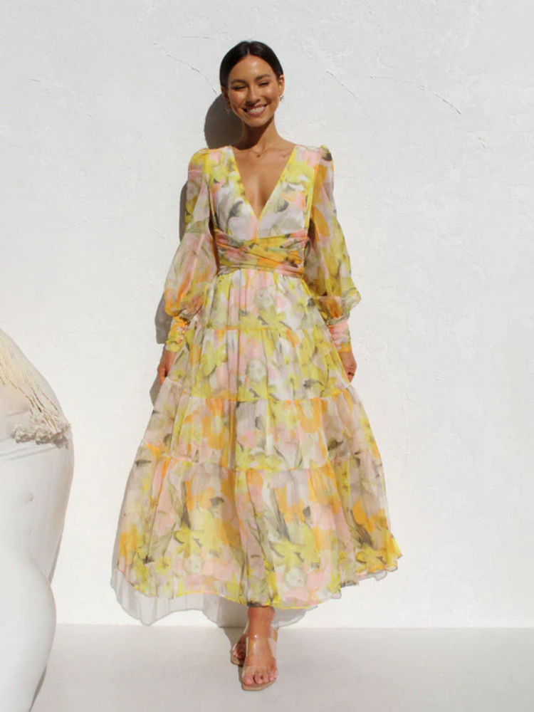 Levoire | Robe Manches Longues Col V Robe Fluide Robe À Fleurs Jaune